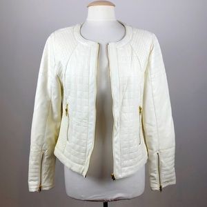 Bagatelle quilted, zip up, quilted panel, faux leather cream jacket.